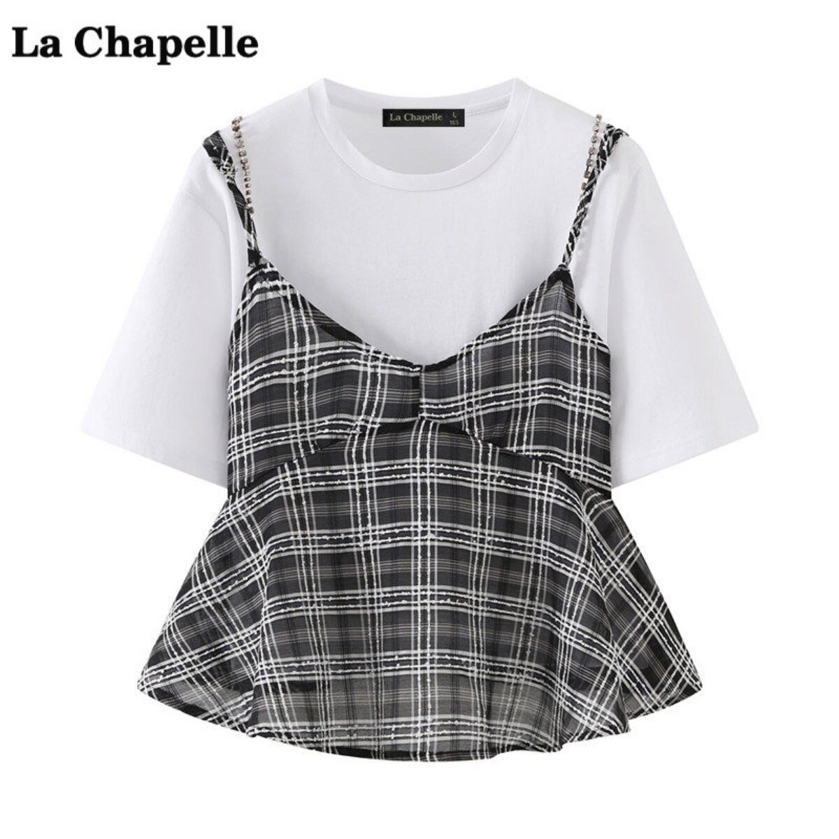 拉夏贝尔/La Chapelle法式格纹吊带T恤女夏季新款减龄显瘦两件套