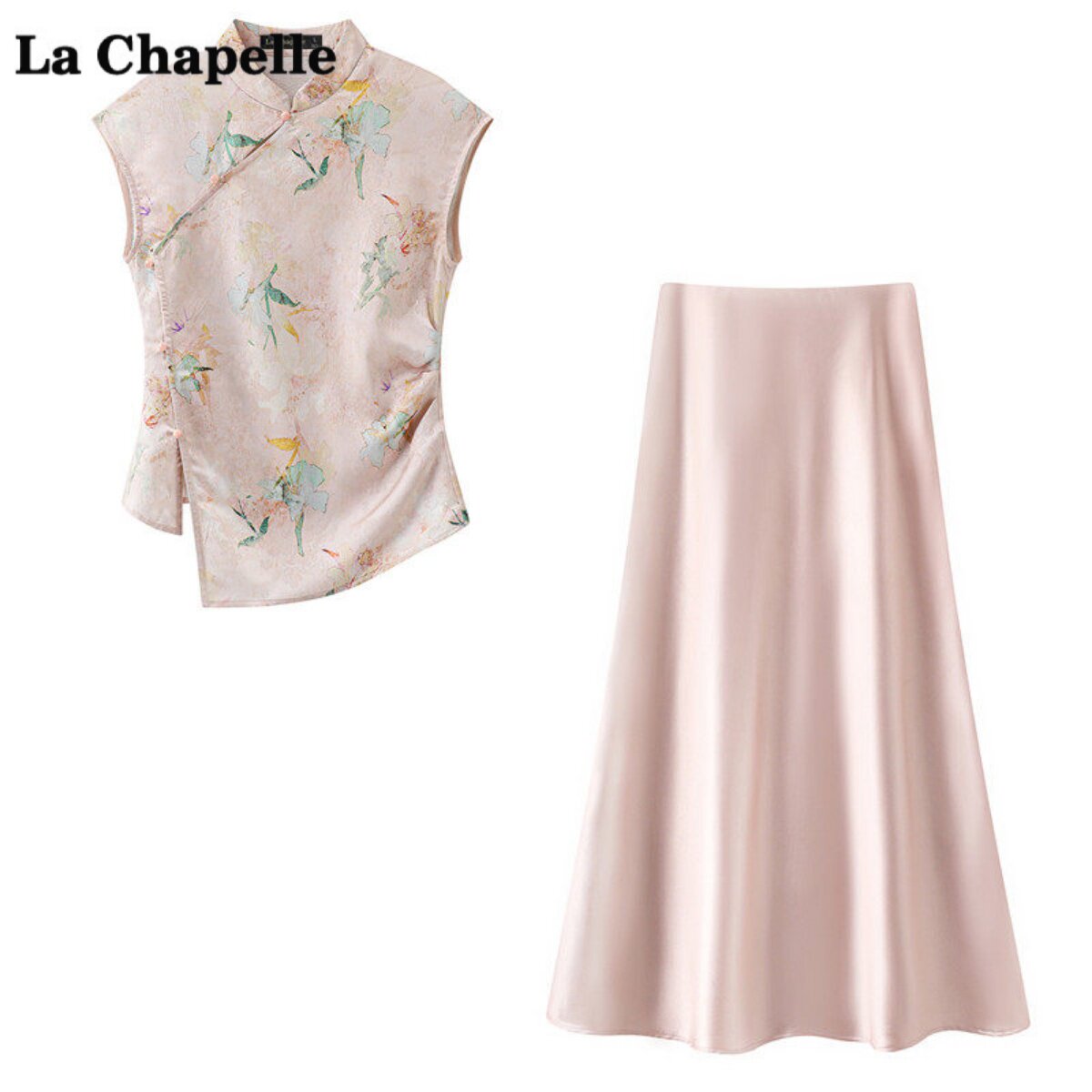 拉夏贝尔/La Chapelle春夏新款新中式盘扣短袖气质半身裙国风两套