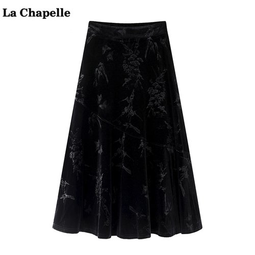 拉夏贝尔/La Chapelle复古丝绒印花A字半身裙女秋季高腰垂感伞裙