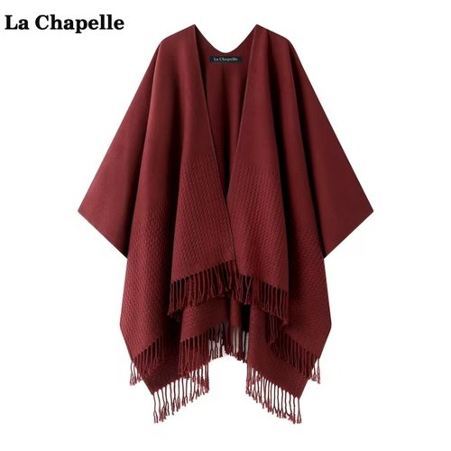 拉夏贝尔/La Chapelle高级感纯色流苏披肩女时尚气质斗篷外搭围巾