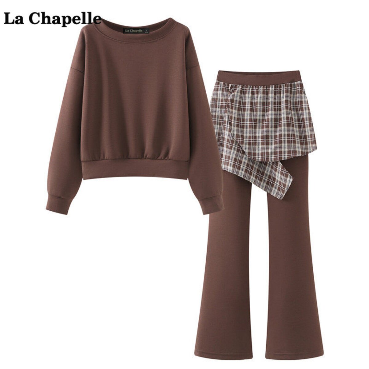 拉夏贝尔/La Chapelle休闲风卫衣套装女春季格纹屁帘微喇裤两件套图片