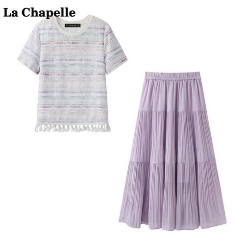 拉夏贝尔/La Chapelle镂空流苏蕾丝小衫A字裙女夏气质通勤两件套