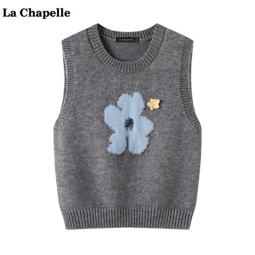 拉夏贝尔/La Chapelle秋季新款针织马甲花朵背心叠穿套头马夹上衣