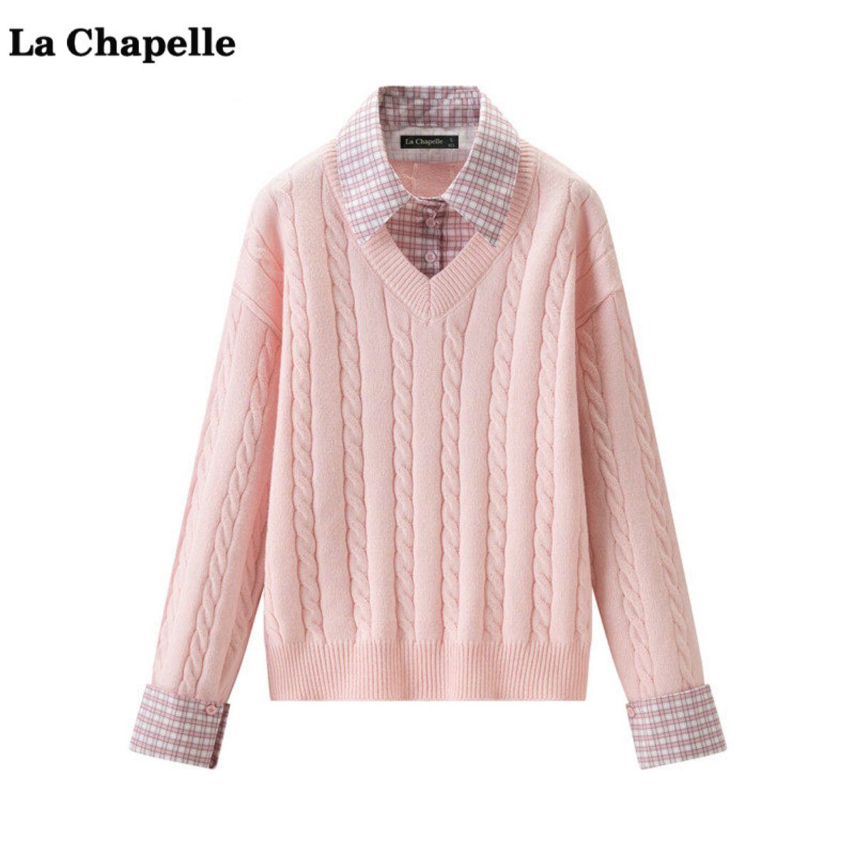 拉夏贝尔/La Chapelle甜美减龄假两件格纹拼接麻花针织衫毛衣上衣