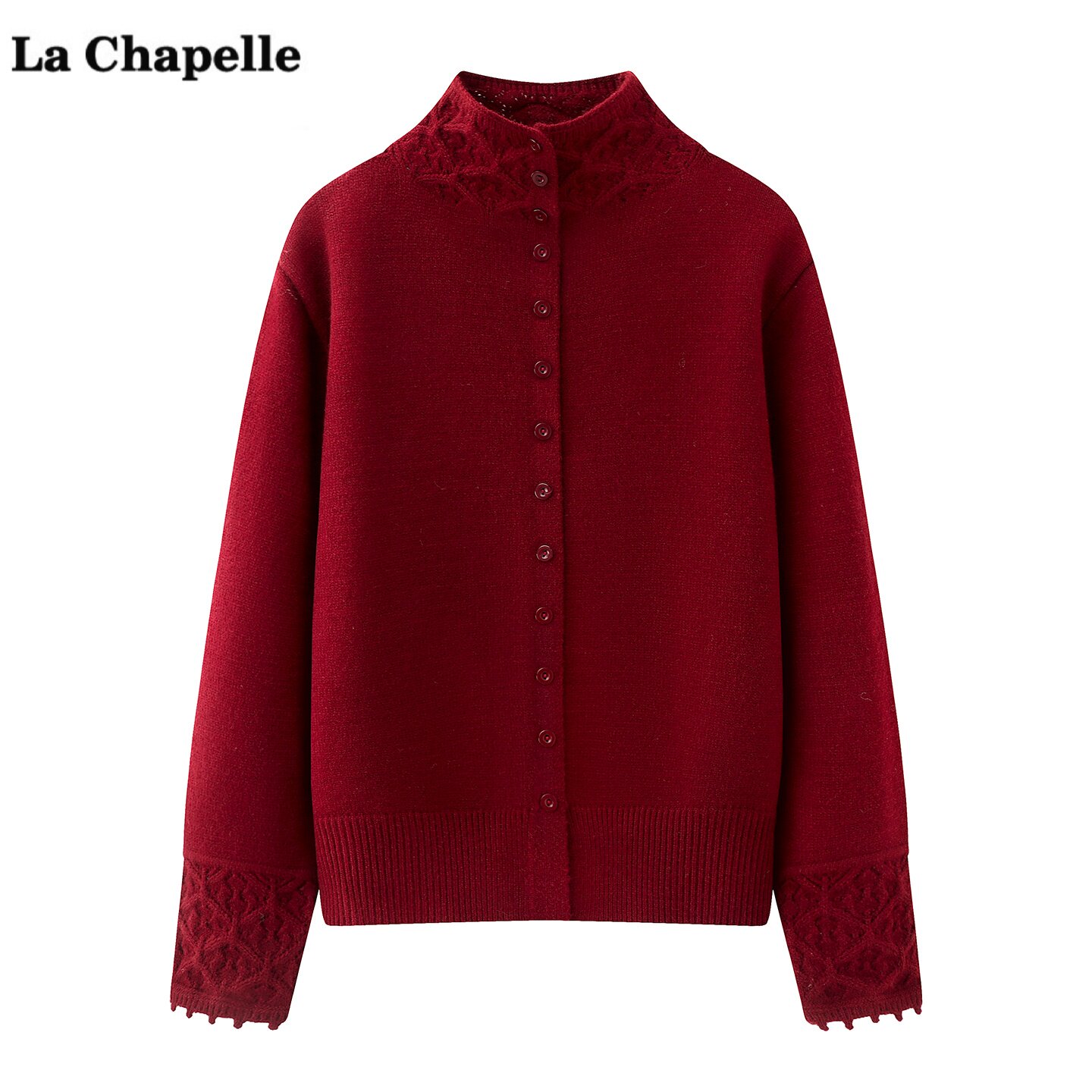 拉夏贝尔/La Chapelle氛围感半高领红色针织开衫女秋冬季洋气毛衣