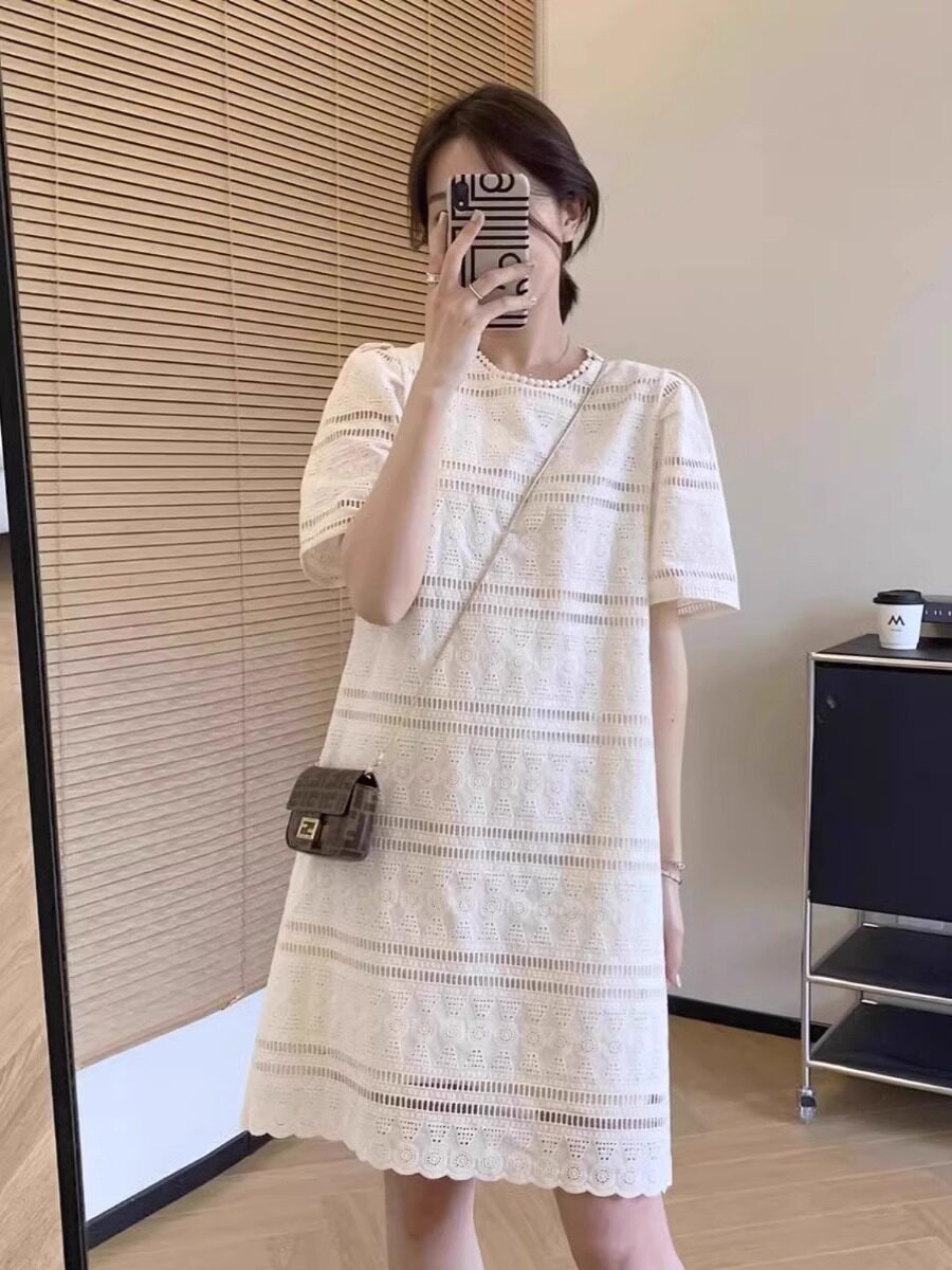 小香风蕾丝连衣裙女夏季大码胖MM遮肚显瘦小个子高级感镂空短裙子