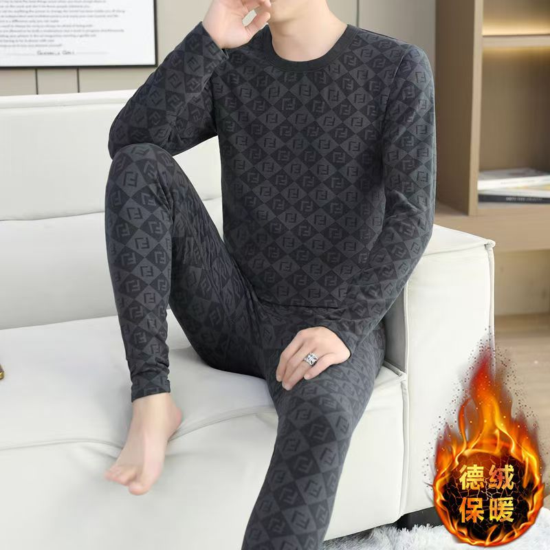 双面德绒男士保暖内衣套装提花