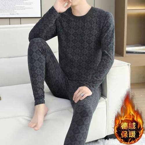 双面德绒男士保暖内衣套装提花