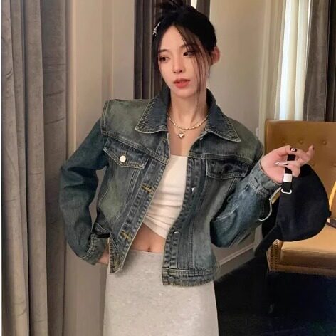 美式复古牛仔短外套女春秋季新款韩系水洗设计感宽松百搭夹克上衣