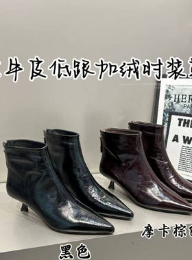 【支持退换】2025冬季新款皱牛皮低跟加绒时装靴08-569-1MP 12.19