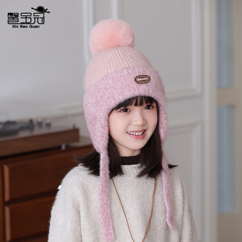 儿童帽子冬季针织帽毛绒保暖护耳