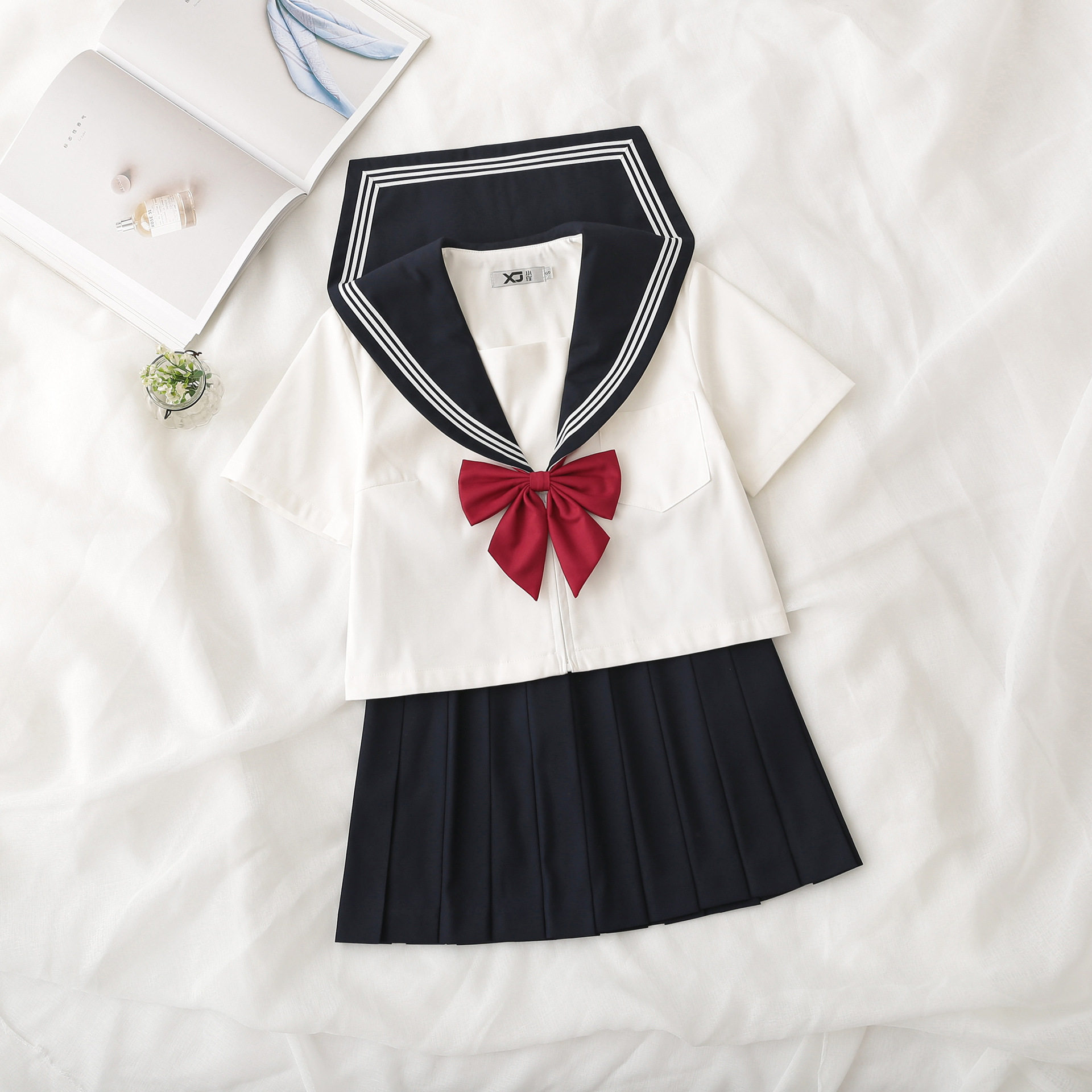 小瑾原创日系正统藏青色基础款白三本中间服jk制服软妹短袖套装
