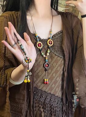 新中式陶瓷串珠长款项链女复古民族风毛衣链国风禅意挂绳装饰配饰