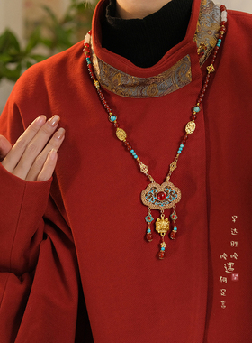 新中式古风平安锁背云红色长璎珞流苏项链女复古国风汉服挂脖配饰