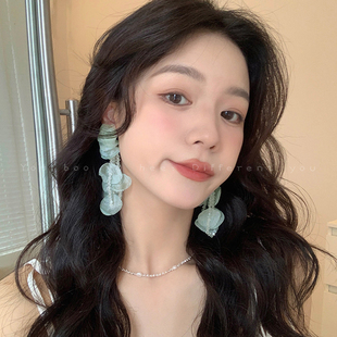 薄荷曼波绿色海边度假风水晶花朵流苏耳钉女长款夸张大气耳环耳饰