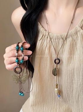 波西米亚风蝴蝶串珠编绳项链女新中式复古长款陶瓷挂链民族风配饰