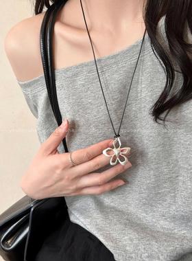 韩国博主镂空花朵吊坠项链女抽拉可调节百搭锁骨链小众ins风配饰
