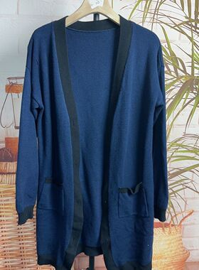 欧美撞色宽松开衫高级毛衣外套秋冬新款慵懒针织中长款(无扣)轻奢