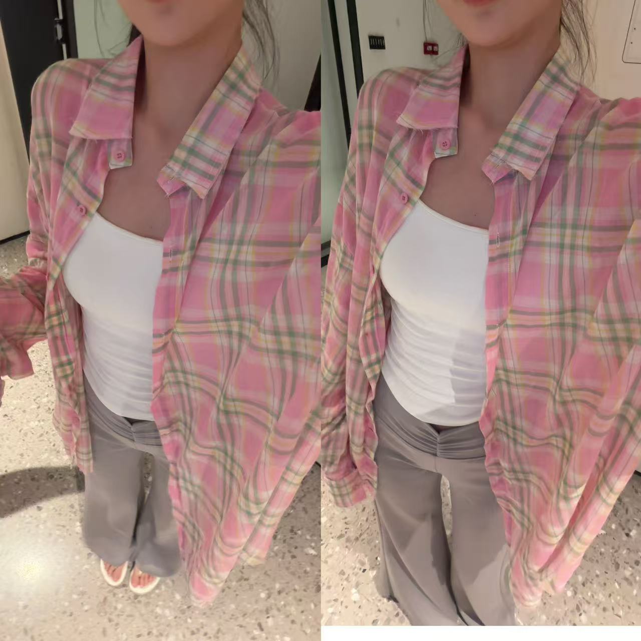 【智知日】夏季慵懒风粉色格子显瘦长袖衬衫女薄款休闲
