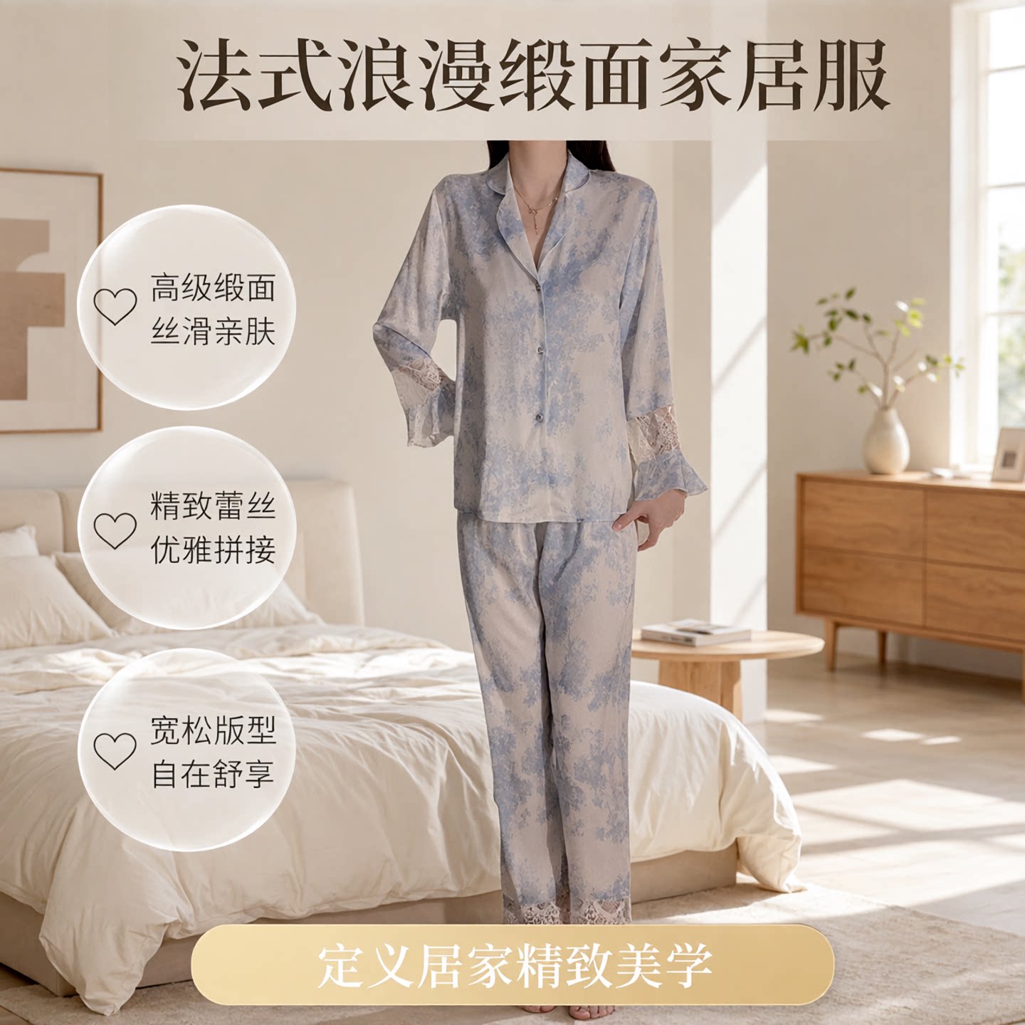 家居服若缎面大码上衣睡衣蕾丝
