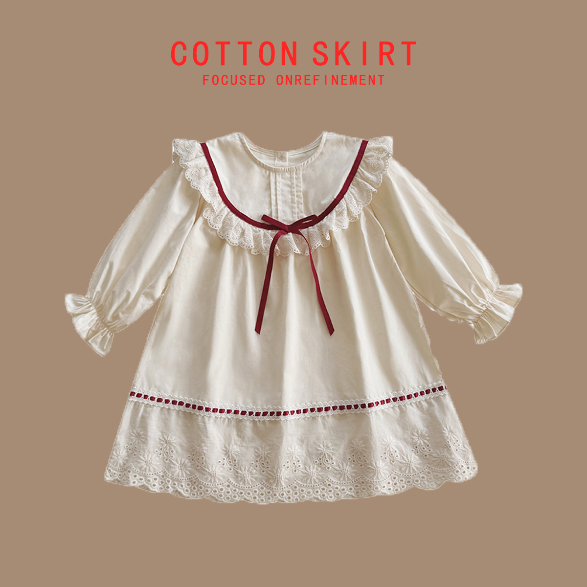 韩版童装女童蕾丝蝴蝶结连衣裙白色秋装宝宝荷叶边洋气九分长裙