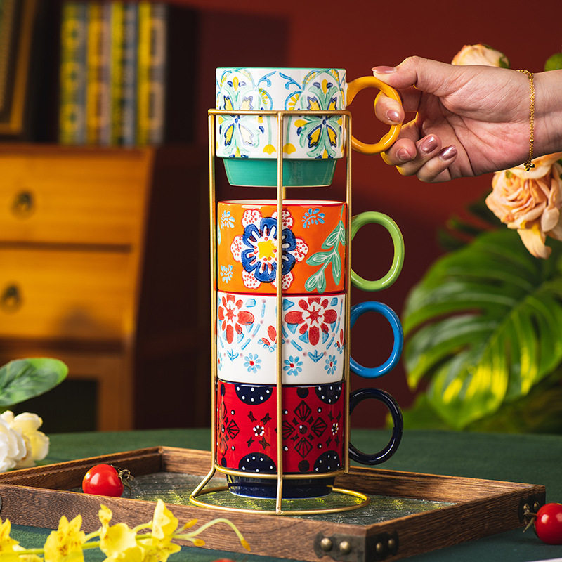 法式高颜值一家四口用陶瓷叠叠杯套装精致复古泡茶咖啡马克杯礼盒,餐饮具,水具套装,淘宝优惠券,粉丝福利购,淘宝优惠卷