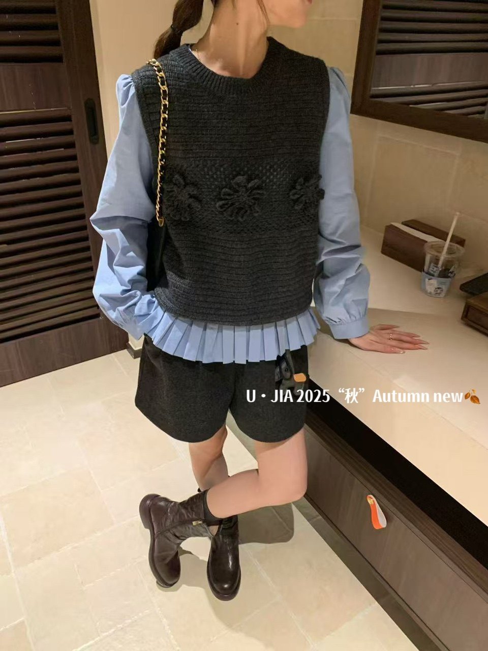 2025早秋新款韩版宽松圆领无袖针织马甲衬衫两件套女显瘦上衣女
