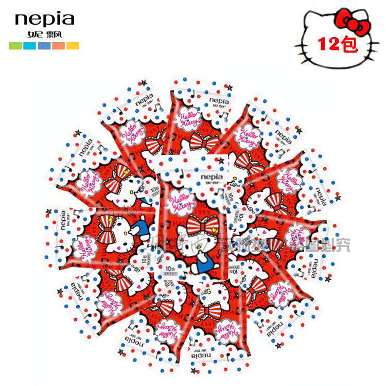 妮飘单片10片装清洁湿巾纸小包便携无香凯蒂猫卡通可爱女生湿纸巾