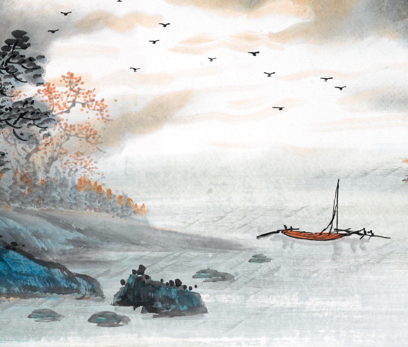 春山浮水源远流长国画山水横幅客厅办公装饰画芯高清宣纸微喷打印