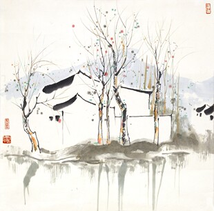 吴冠中水乡人家斗方 国画心装饰画 名人字画宣纸高清微喷打印画芯