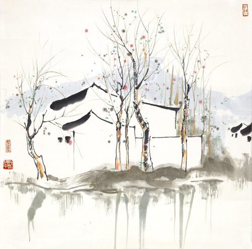 吴冠中水乡人家斗方 国画心装饰画 名人字画宣纸高清微喷打印画芯