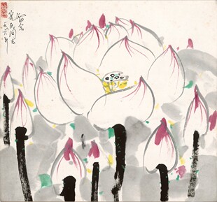 吴冠中 荷花斗方 国画 画心装饰画 名人字画宣纸高清微喷打印画芯