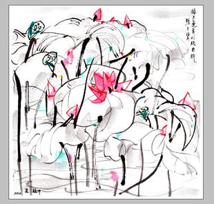 吴冠中 荷花 斗方 国画 画心装饰画 名人字画宣纸高清微喷画芯