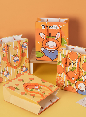 礼物礼品袋可爱小兔子手提袋精品加厚纸袋橙色小号生日送礼包装袋
