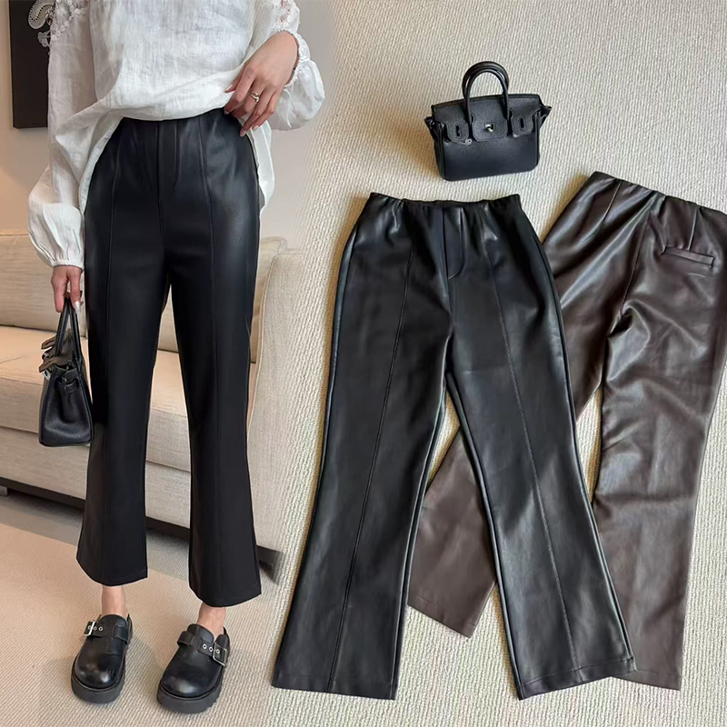 加绒蛋白皮PU皮裤微喇叭裤九分裤