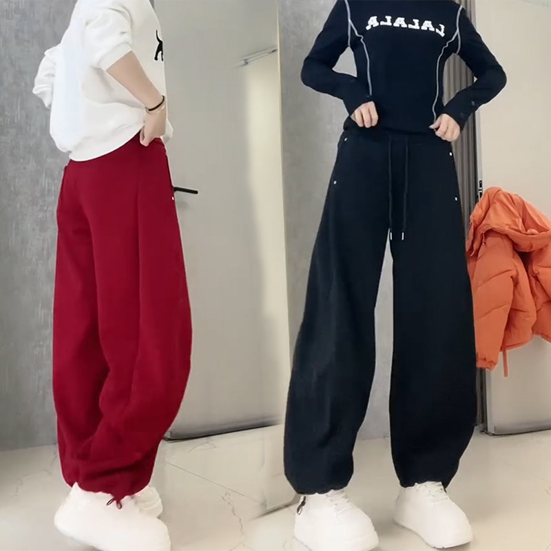 欧货春季新款加厚宽松阔腿直筒裤脚抽绳弯刀裤女红色百搭垂感卫裤,女装/女士精品,卫裤,淘宝优惠券,粉丝福利购,淘宝优惠卷