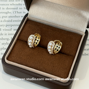 阿婉Wan 法式复古轻奢珍珠耳环精致镶钻高级感耳饰耳圈2025新款