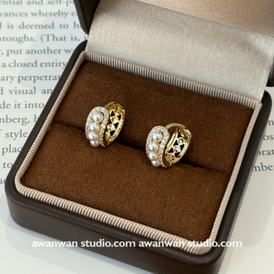 阿婉Wan 法式复古轻奢珍珠耳环精致镶钻高级感耳饰耳圈2025新款