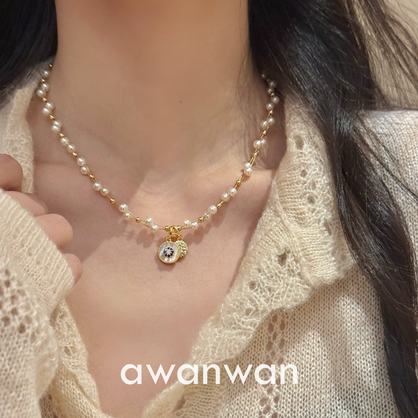阿婉Wan 八芒星~复古甜美气质缠绕珍珠锁骨链时髦简约百搭项链