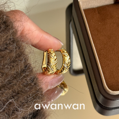 阿婉Wan 麦穗~精致复古锆石镶嵌编织纹理感耳环拉丝气质耳饰耳扣