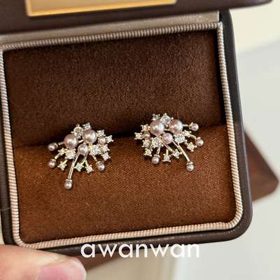 阿婉Wan柔光香槟~满天星香槟仿珍珠锆石耳钉超仙气质高级感耳饰