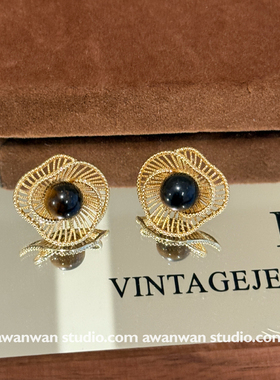 阿婉Wan 复古裙边~秋冬新款镂空山茶花耳钉金属感虎眼石耳环