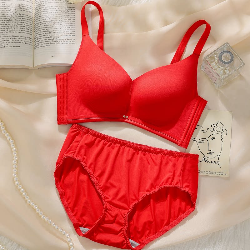 甜美本命年结婚红色套装内衣女聚拢大胸显小新娘薄款无磁光面文胸