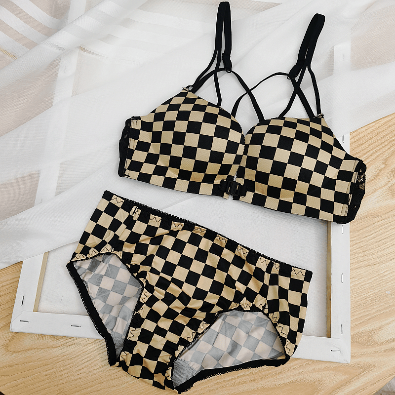 棋盘格无钢圈前扣小胸上托文胸