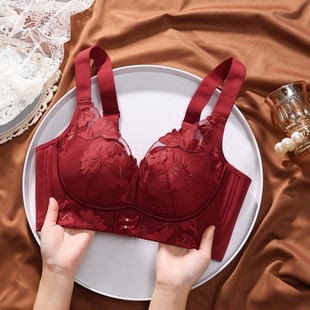 性感酒红色调整型防外扩加宽小胸聚拢内衣女无钢圈大胸薄款文胸罩
