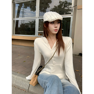 韩系设计感连帽V领长袖T恤女