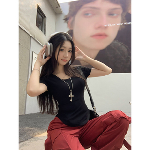 百搭纯色内搭简约风t恤上衣 铅笔莓莓 修身 显身材U领短袖 女夏韩版