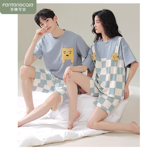 情侣睡衣夏季纯棉短袖短裤男士