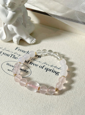 甜美粉晶手链女生简约天然白玛瑙白水晶串珠粉晶桶珠