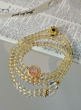 原创设计三圈手链女生黄水晶大颗粒红胶花随型白水晶手串